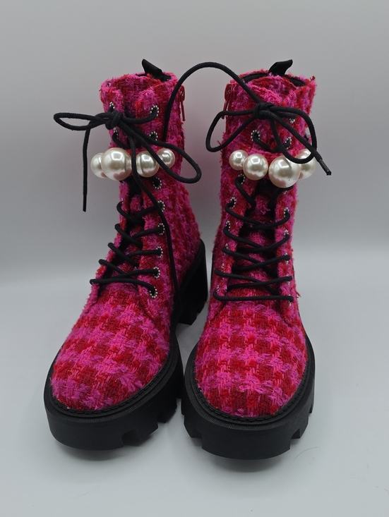 Betsey Johnson Shoes - Betsey Johnson Jonnie Hot Pink & Red Tweed Lace-Up Combat Boots w/Pearl Accent